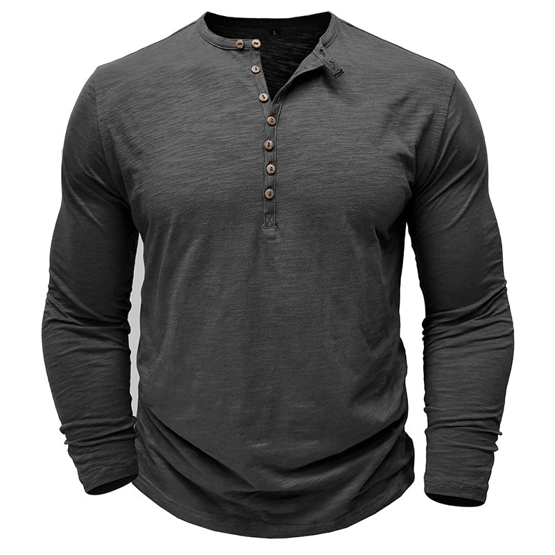 Men's classic long-sleeve henley shirt in charcoal gray, perfect for casual wear & versatile styling