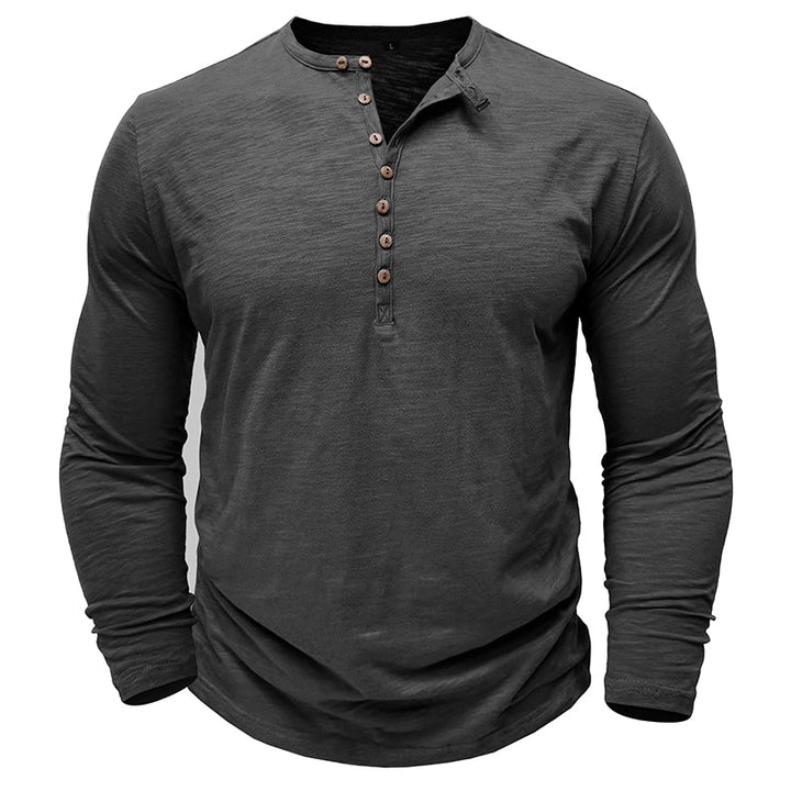 Men's classic long-sleeve henley shirt in charcoal gray, perfect for casual wear & versatile styling