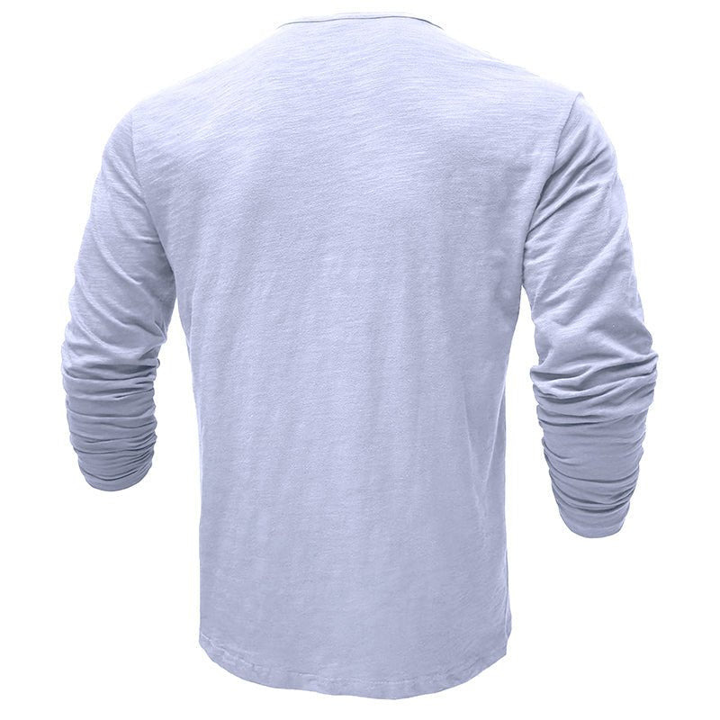 Overhead view of a men's long-sleeve henley shirt, showcasing its classic design and soft fabric