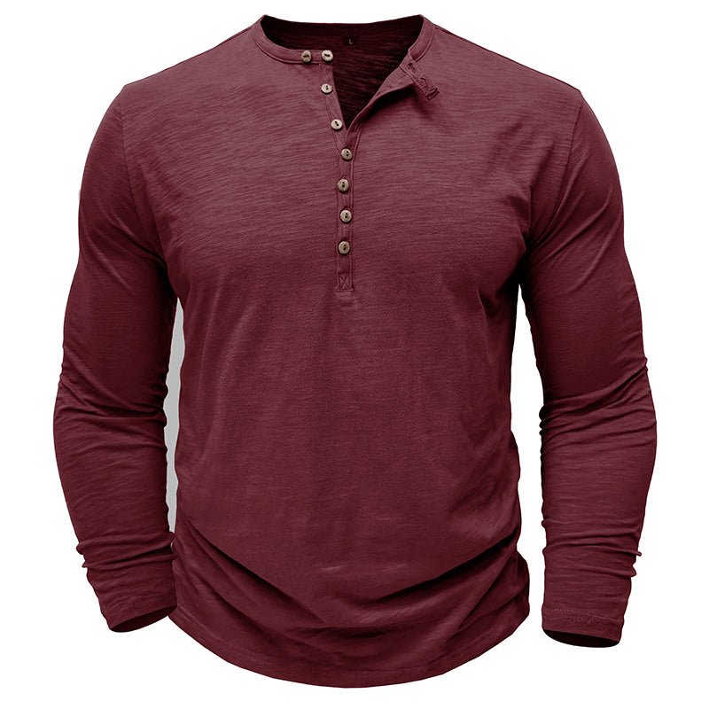 Men's long-sleeve henley shirt, a comfortable button-up top in a timeless heather grey color