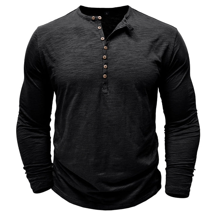 Men's long-sleeve henley shirt in a rich burgundy, a comfortable and fashionable choice for casual wear