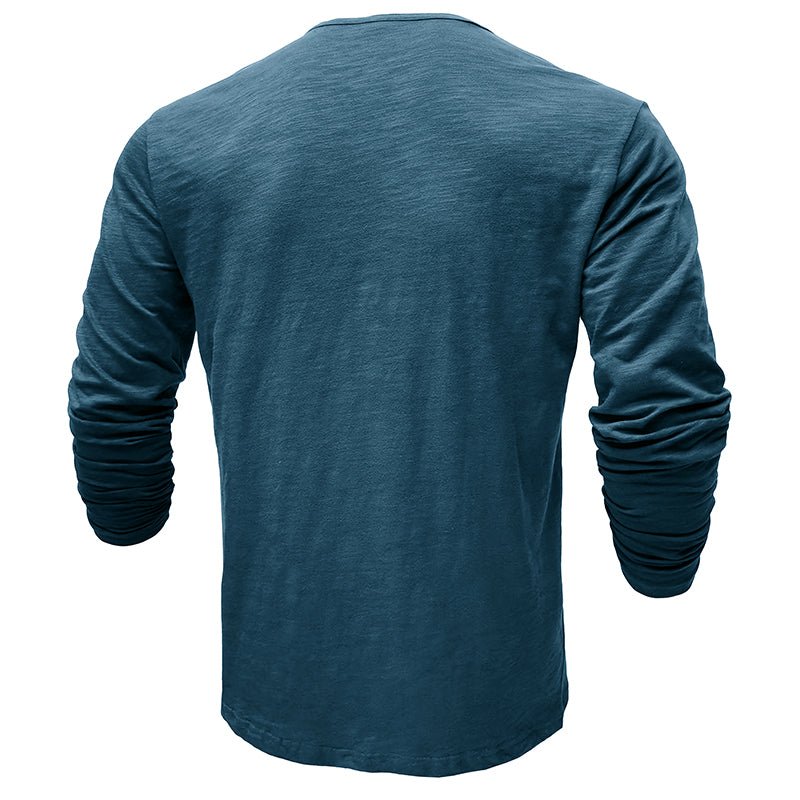 Front view of a men's versatile navy long-sleeve henley shirt, essential for any casual wardrobe