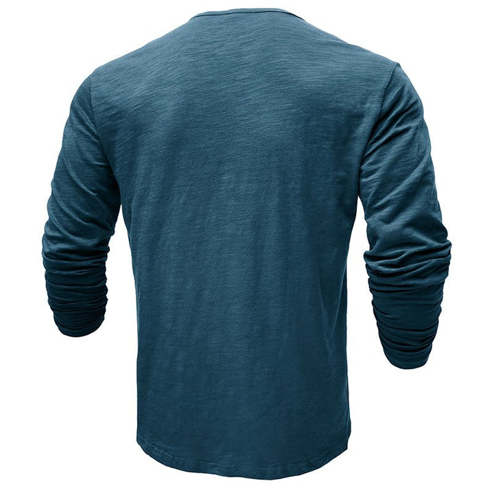 Front view of a men's versatile navy long-sleeve henley shirt, essential for any casual wardrobe