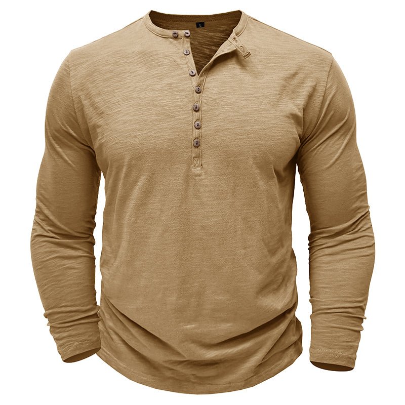 Folded classic men's long-sleeve henley shirt, ready for casual wear, a comfortable wardrobe staple