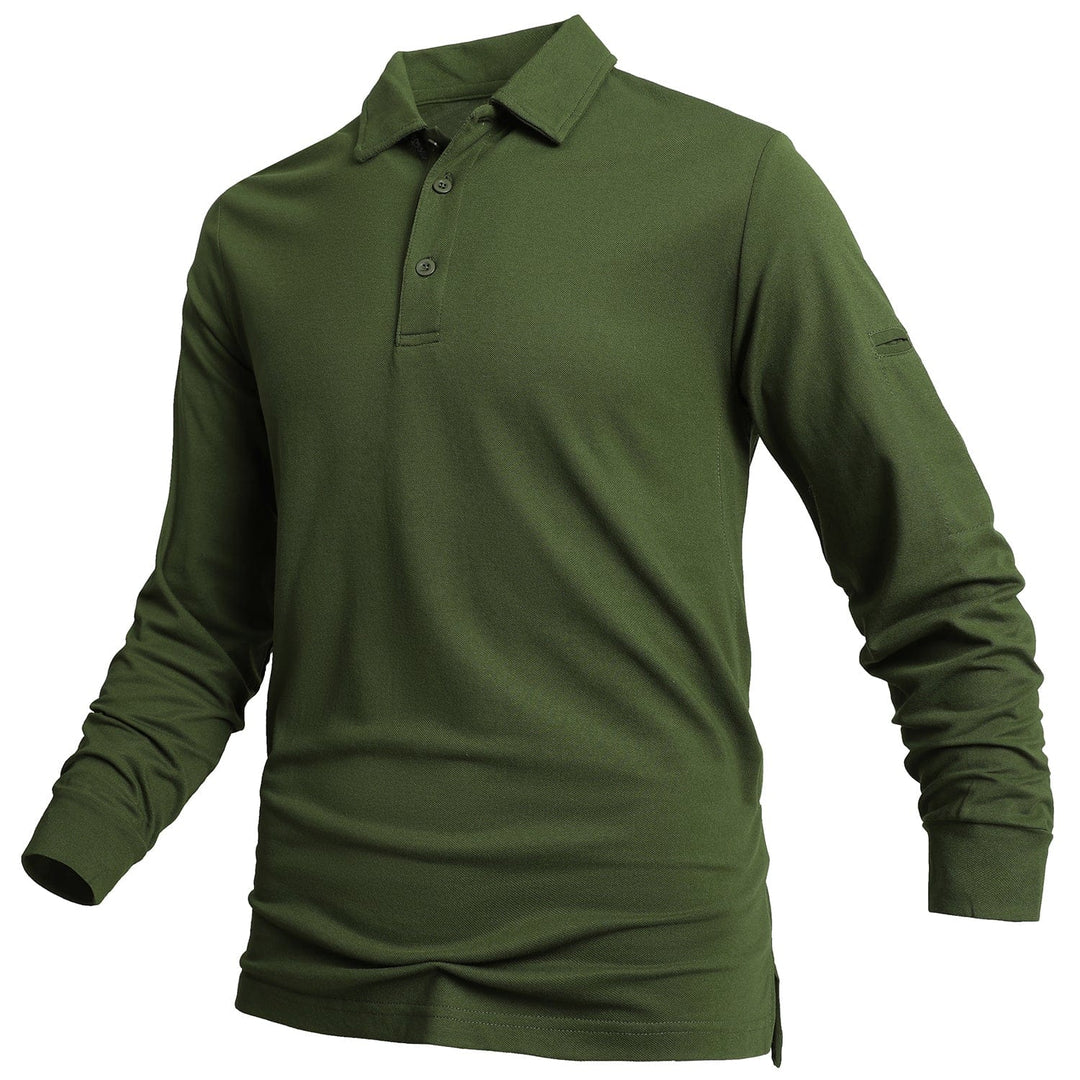 Close-up of a man's long sleeve polo shirt texture, showing cotton blend and button placket.