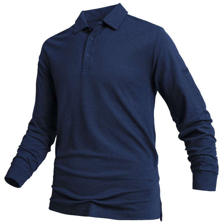 Man wearing a navy long sleeve polo shirt, ideal for smart casual or everyday wear.
