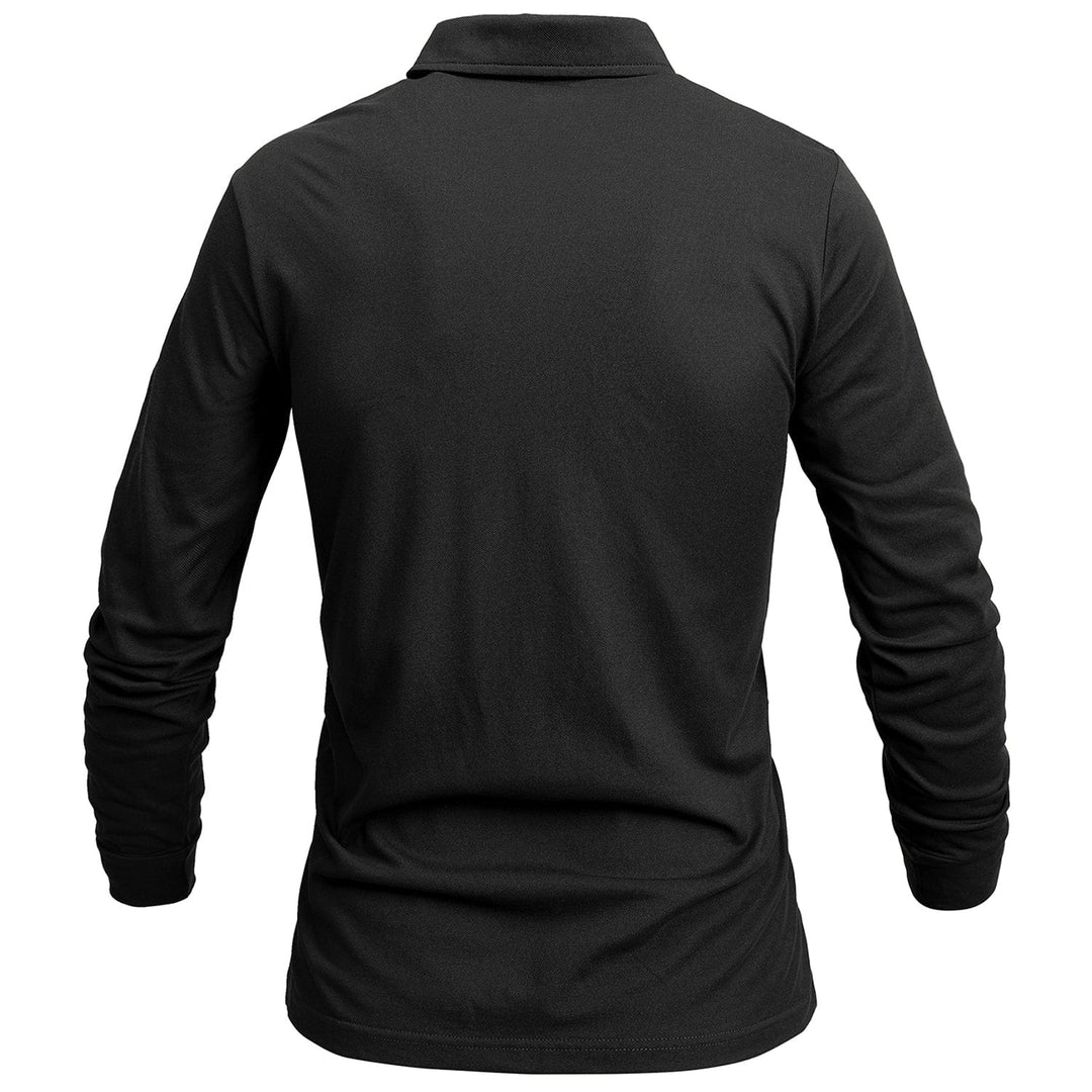 Full shot of a white men's long sleeve polo shirt, perfect for casual or business casual style.