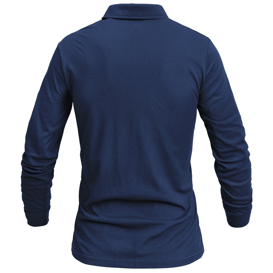 Detail of the collar and three-button placket on a men's classic long sleeve polo, moisture wicking.
