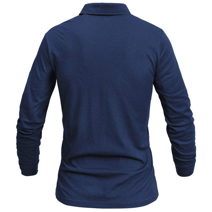 Detail of the collar and three-button placket on a men's classic long sleeve polo, moisture wicking.