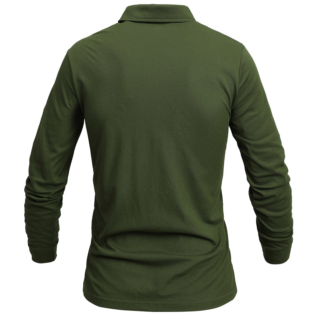 Folded green long-sleeve polo shirt for men, highlighting its soft cotton blend material.