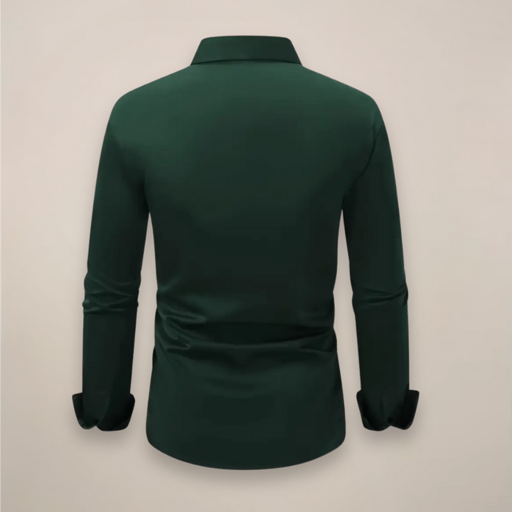 Full view of men's classic long-sleeve shirt, versatile for spring/autumn, featuring a distinctive notched collar.
