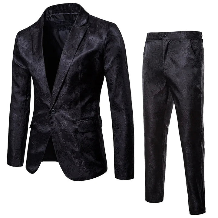 Men's classic luxe two-piece suit set with slim-fit blazer and matching trousers, ideal for formalwear and business attire.