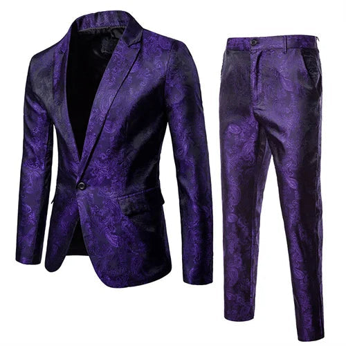 Elegant men's slim-fit two-piece suit for gala events, business, or formalwear, featuring a stylish blazer and trousers.
