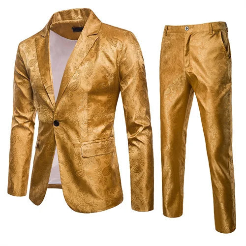 Luxe men's two-piece suit set, a classic slim-fit blazer & trousers, perfect for elegant formalwear & business events.