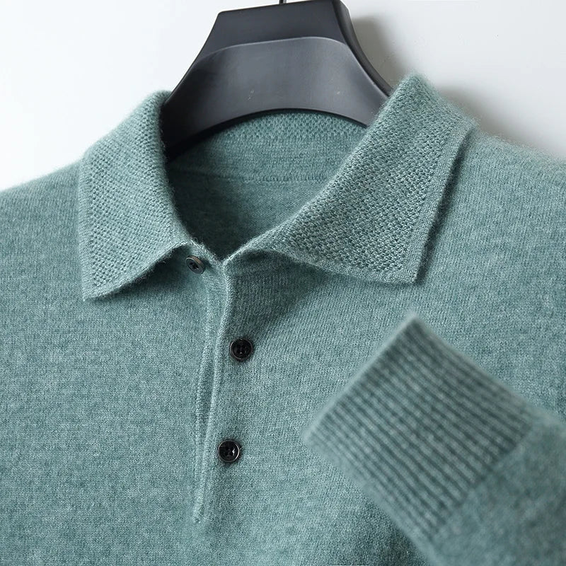 Men's classic merino wool button-up cardigan in a neutral shade, perfect for layering during winter.