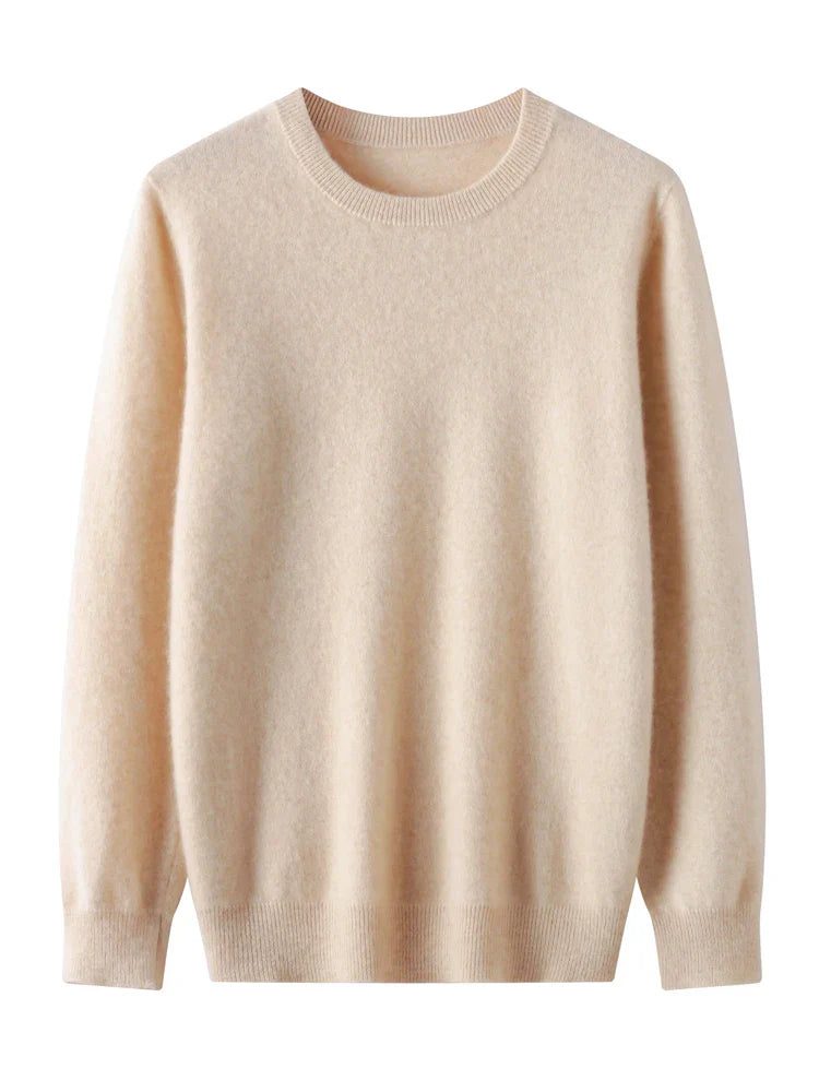 Men's classic merino wool crew neck sweater in navy, soft and breathable knitwear for winter.