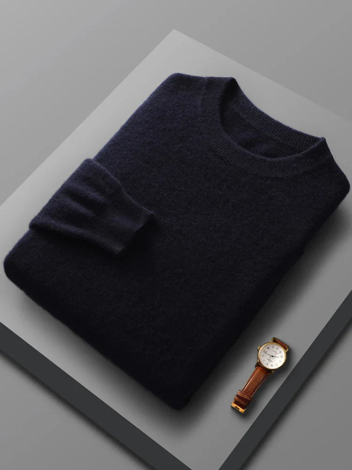 Elegant men's cream-colored merino wool crew neck sweater, a staple for any winter wardrobe.