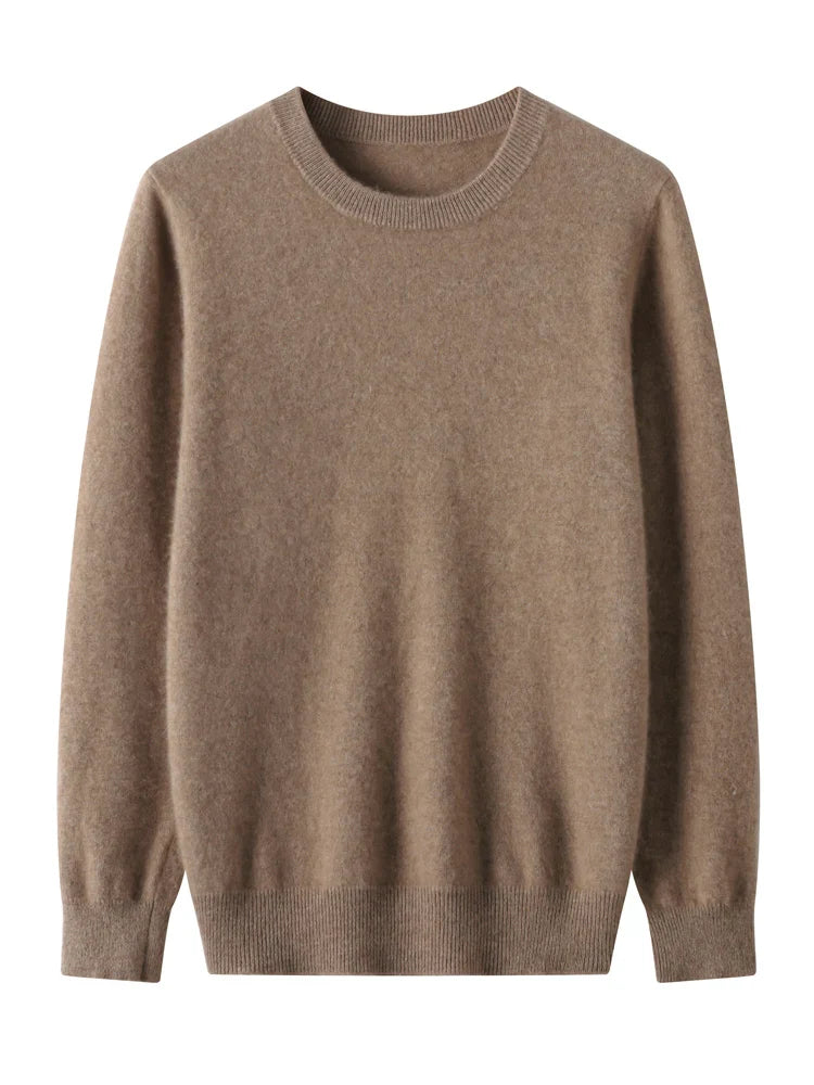 Detailed shot of the crew neck collar on a men's soft merino wool sweater, emphasizing quality knit.