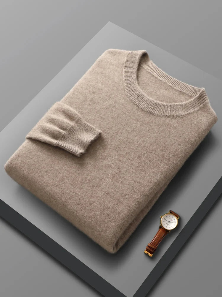 Men's heather grey merino wool crew neck sweater, a classic piece of breathable and soft winter wear.