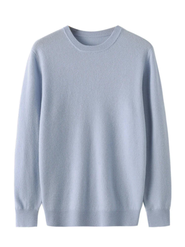 Soft men's crew neck sweater made from 100% merino wool, a classic breathable knitwear piece.