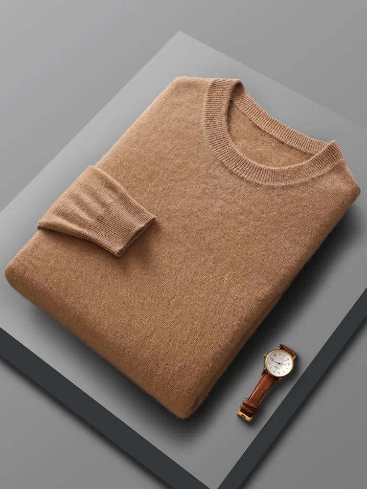 Men's deep green merino wool crew neck sweater, offering warmth and soft comfort, a winter essential.