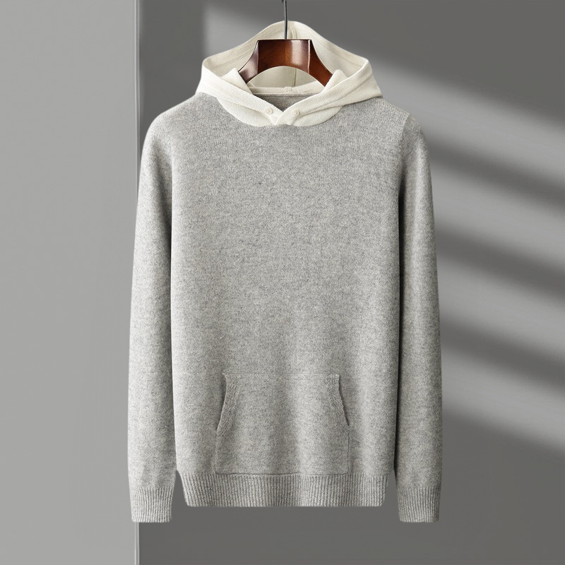 Men's classic merino wool hoodie in a studio shot, off-white background. Ideal for casual wear & layering.