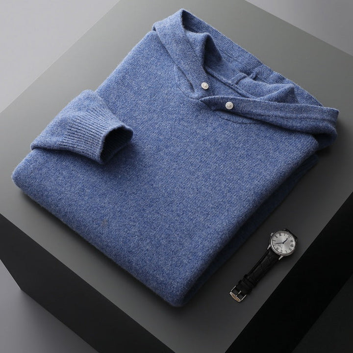 Detail of the contrast hood lining on the men's merino wool hoodie. Adds a stylish element to the design.