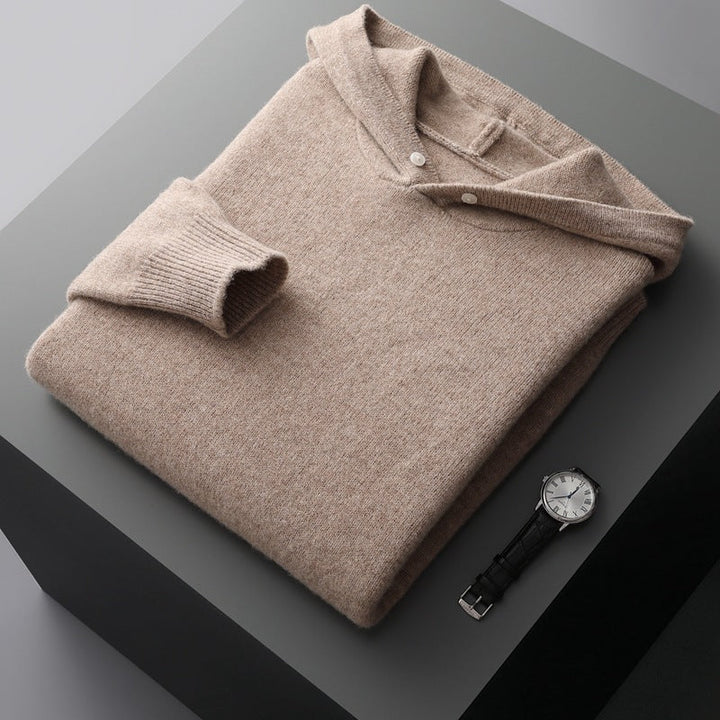 Close-up of the ribbed cuffs and hem of the classic merino wool hoodie, ensuring a snug and comfortable fit.