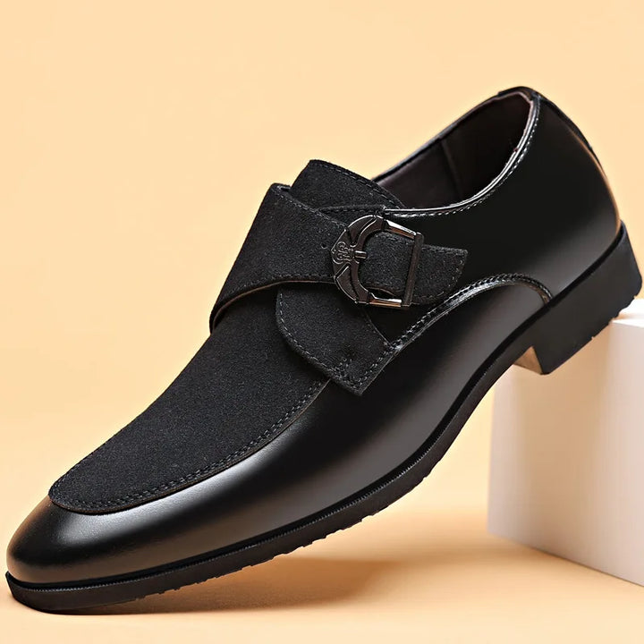 Elegant men's monk strap shoes crafted from premium brown leather suede with a single buckle closure, formal footwear.