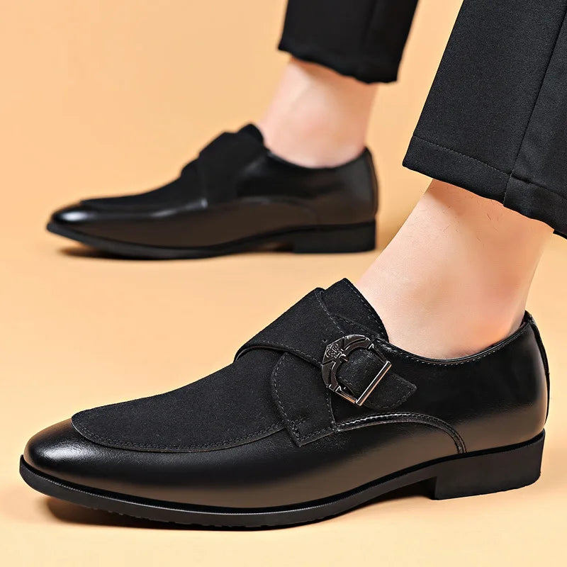 Stylish men's black leather monk strap dress shoes side view, suitable for business wear and special occasions.