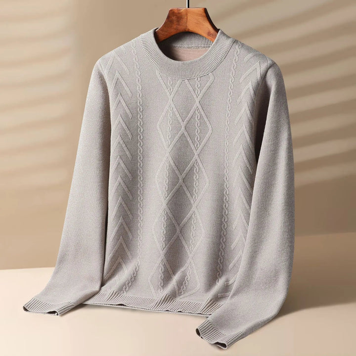 Men's classic navy blue cable knit crewneck sweater, perfect for winter fashion & casual wear.