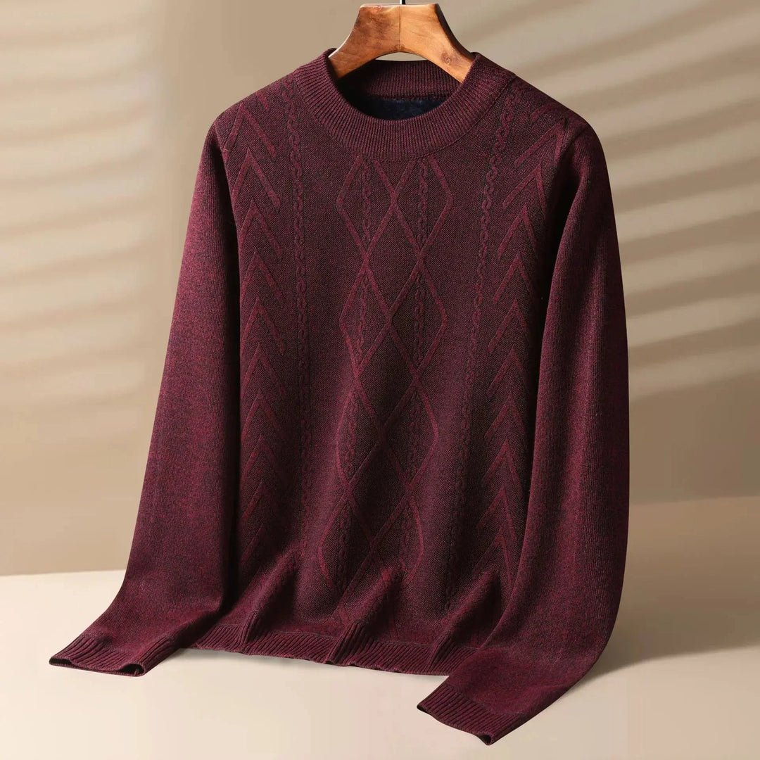 Front view of a men's olive green cable knit crewneck sweater, a stylish knitted top for casual wear.