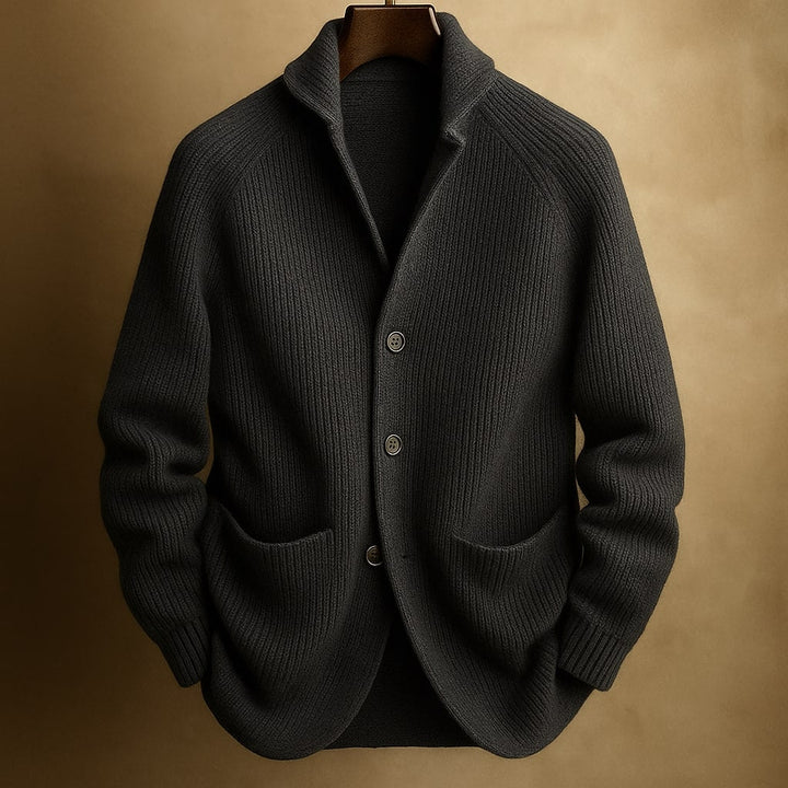 Stylish men's black button-front sweater, essential for winter fashion layering & a relaxed, classic look.