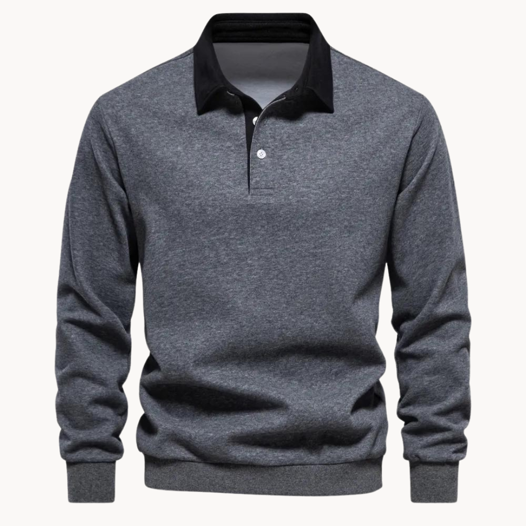 Men's classic navy fleece polo sweatshirt with ribbed trim, perfect for casual winter layering.