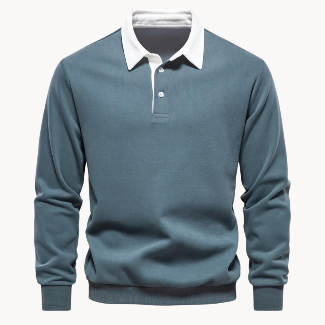 Close-up of men's heather grey fleece polo sweatshirt, highlighting soft fabric and button placket.