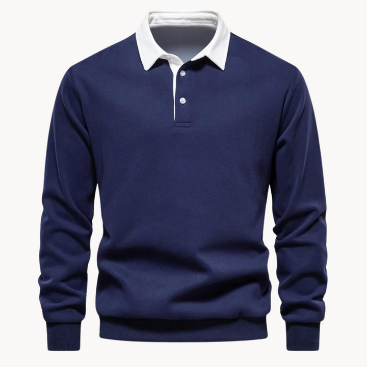 Men's white fleece polo sweatshirt with ribbed cuffs and hem, a versatile layering top.
