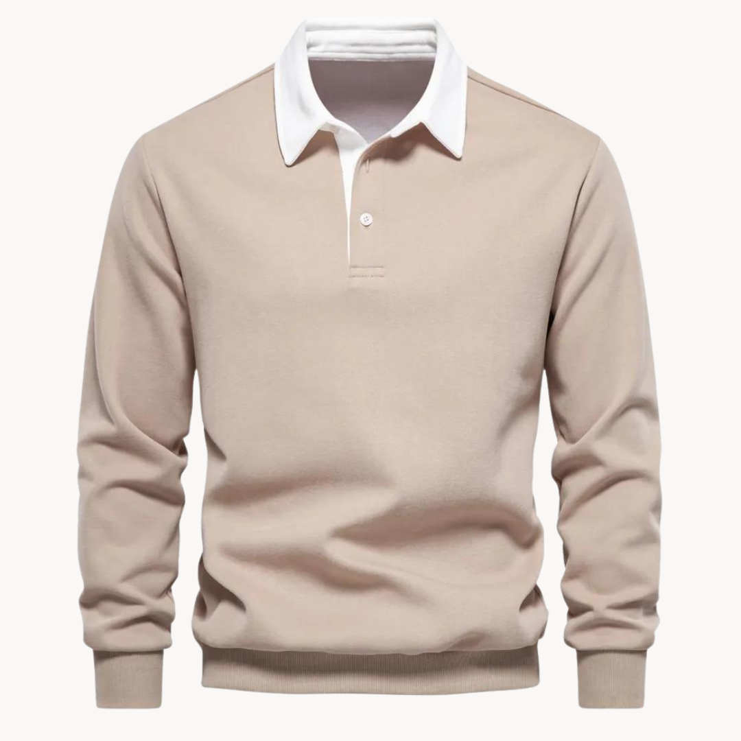 Stylish men's burgundy fleece polo sweatshirt with collar and buttons, great for everyday wear.