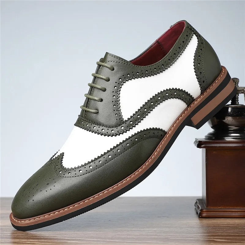 Stylish men's wingtip patent leather brogues, showcasing a classic vintage design