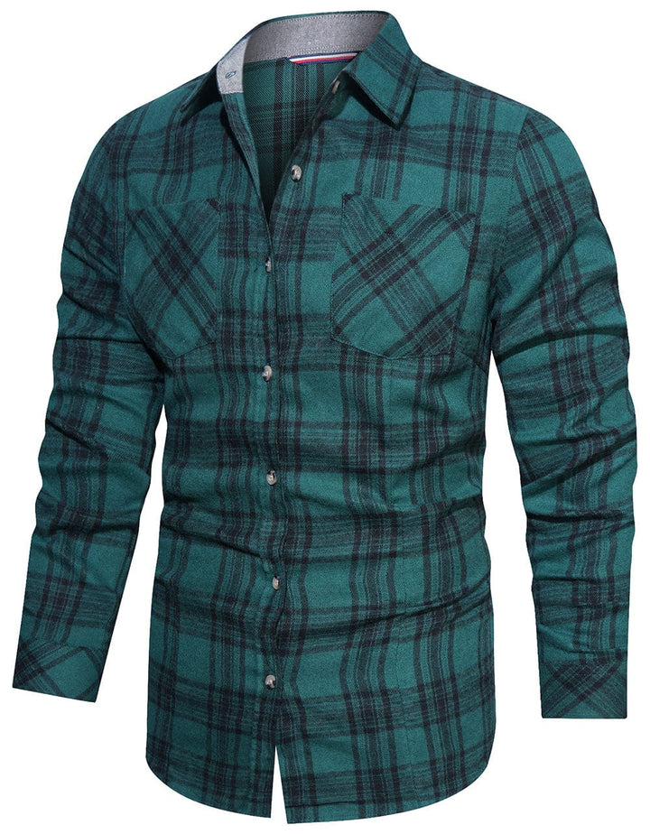 Back view of a men's button-down flannel plaid shirt, suitable for various casual occasions