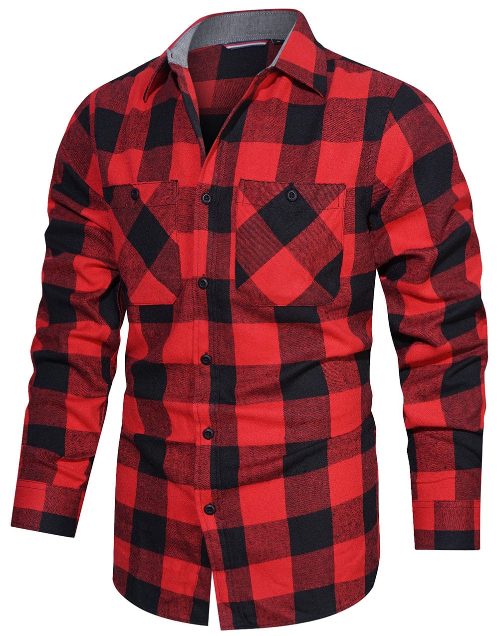 Front shot of an unbuttoned men's classic plaid flannel shirt over a t-shirt, casual look