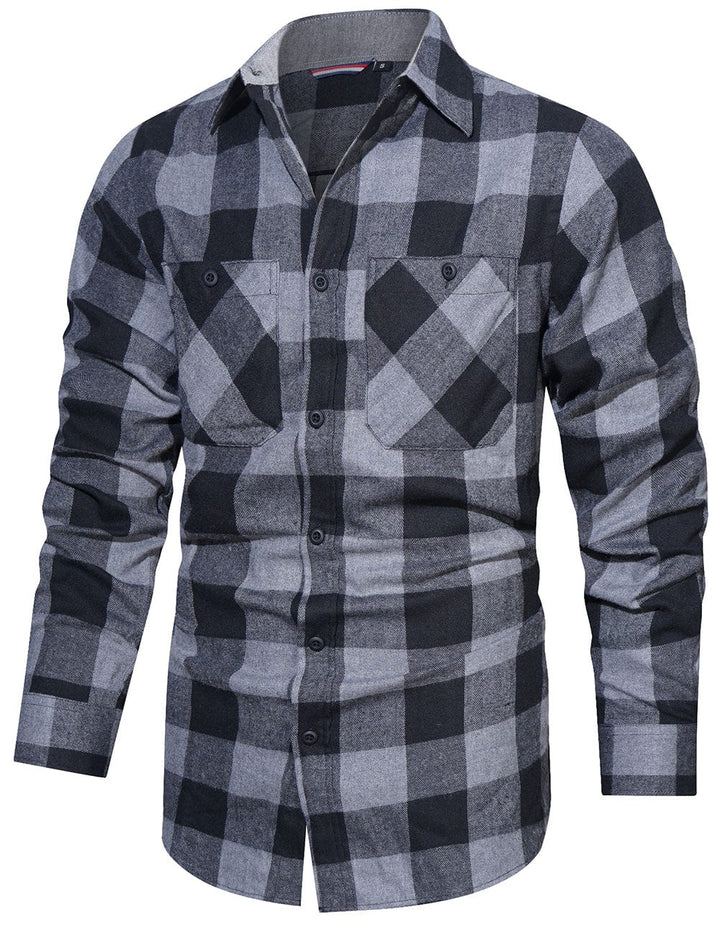 Close-up of buttons on a men's long sleeve plaid flannel shirt, quality casual apparel