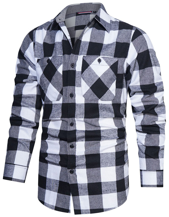 Men's outdoor casual wear: durable plaid flannel shirt in a classic red and black pattern