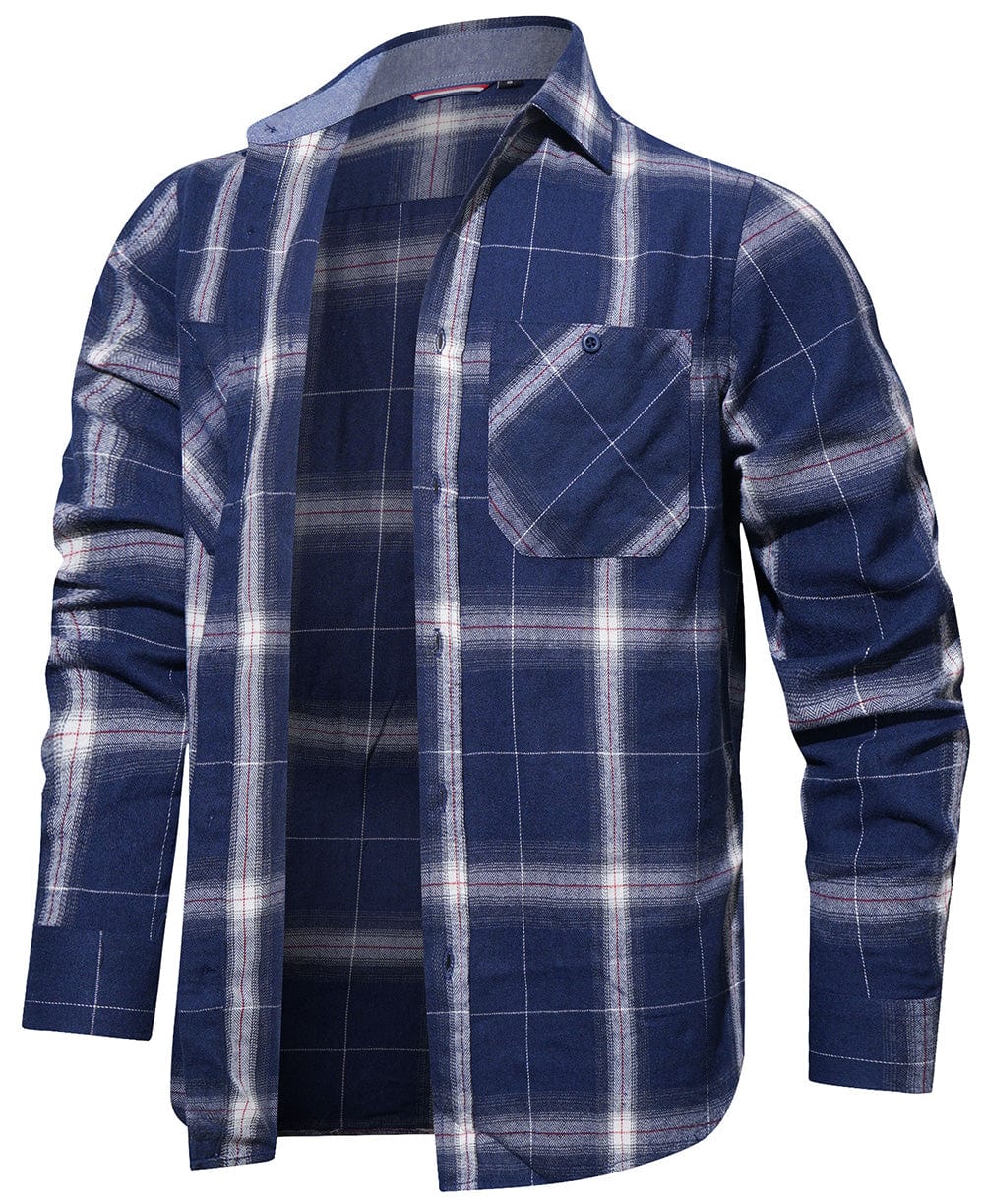 Classic men's flannel shirt, full front view, showcasing a timeless blue and white plaid