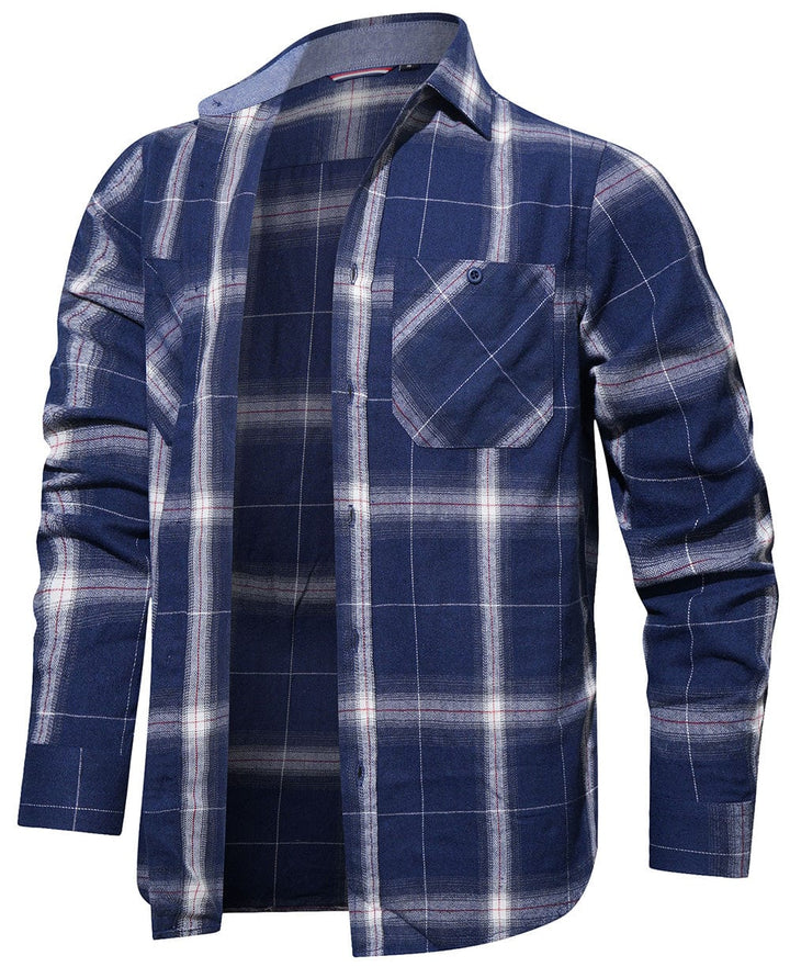 Classic men's flannel shirt, full front view, showcasing a timeless blue and white plaid