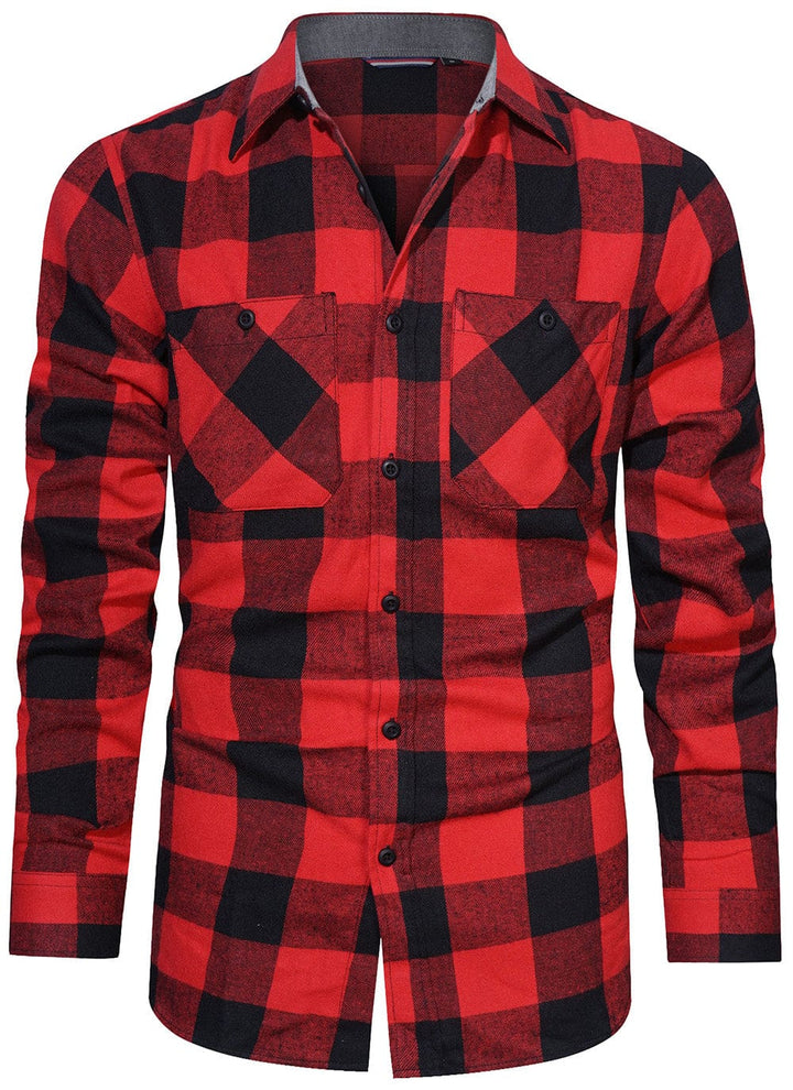 Close-up of a men's button-down plaid flannel shirt, ideal for men's casual wear