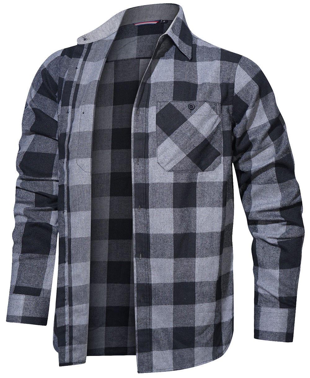 Side view of a man in a plaid flannel shirt, demonstrating the relaxed fit and casual style