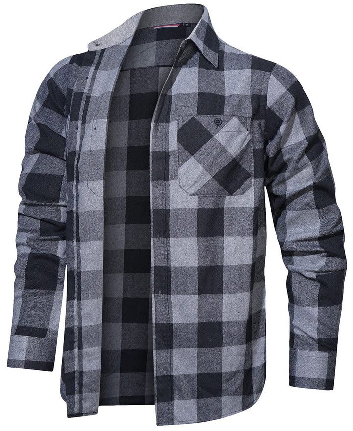 Side view of a man in a plaid flannel shirt, demonstrating the relaxed fit and casual style