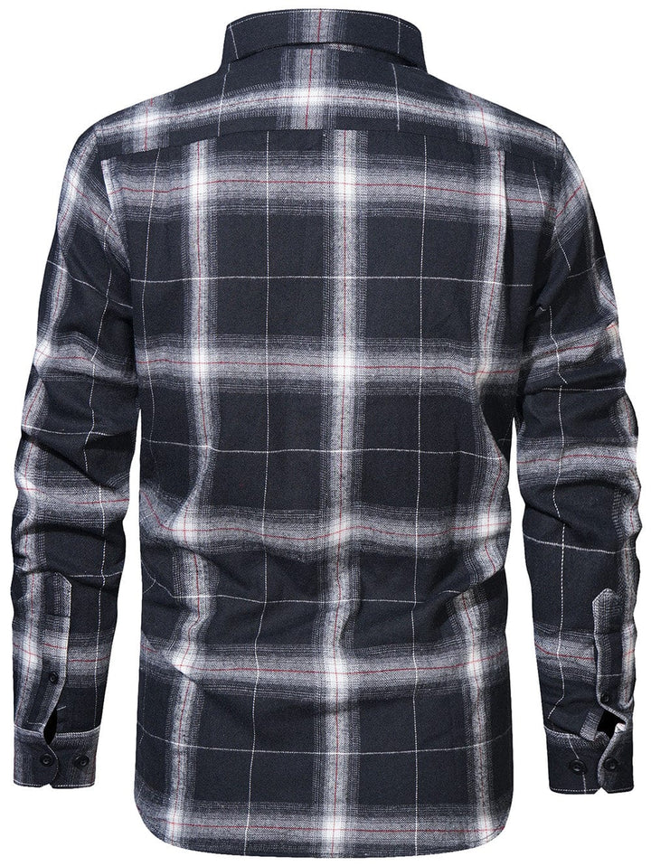 Textured close-up of a men's plaid flannel shirt, highlighting the soft cotton blend fabric