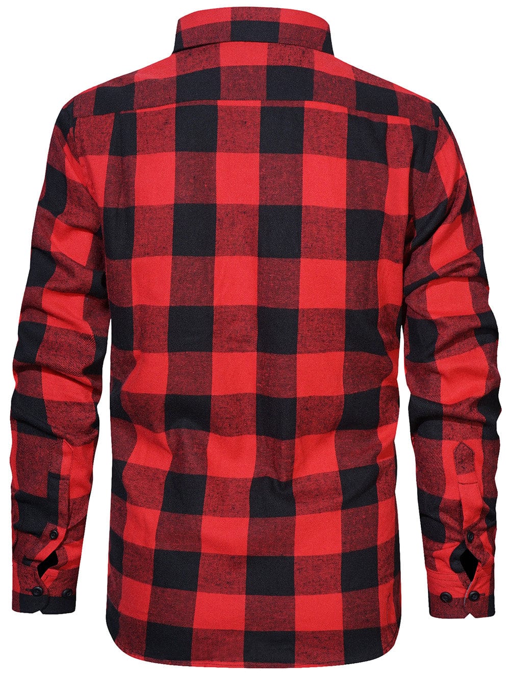 Men's top: warm, long-sleeve plaid flannel in a classic red, black, and white pattern
