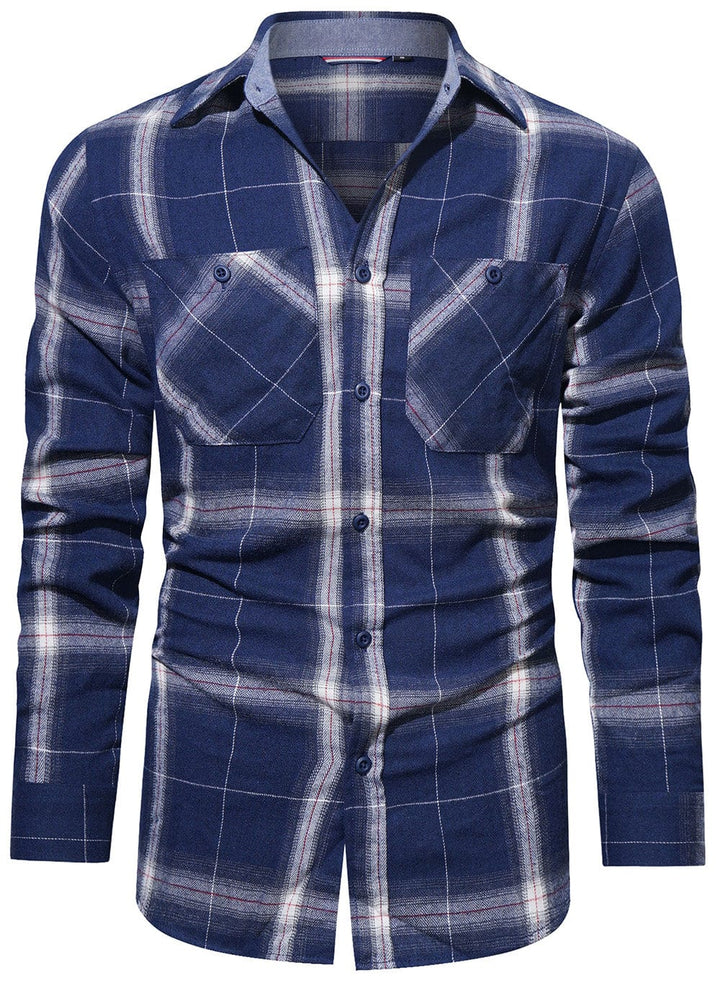 Full shot of a man wearing a classic plaid flannel shirt, perfect for fall fashion
